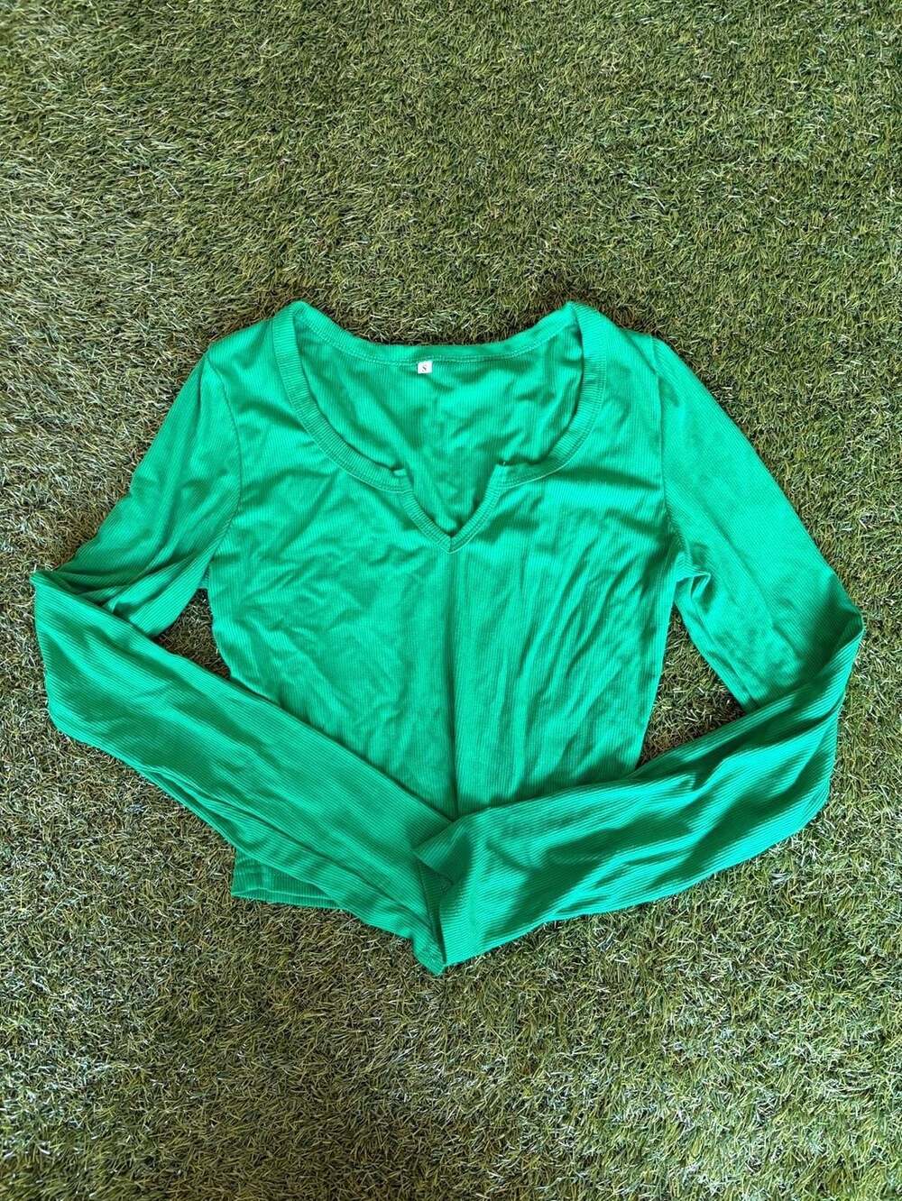 Green Ribbed Long Sleeve V-Neck Top Size S